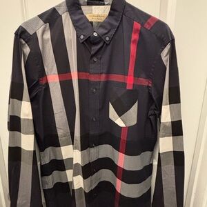 Burberry Black Plaid Button-Down Shirt with Gray, White and Red Accents